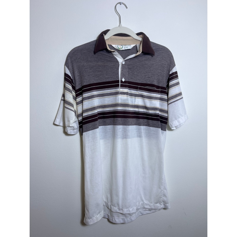 Palmland Club Vintage Mens Small Striped Polo Shirt Brown Tan White Retro 90s